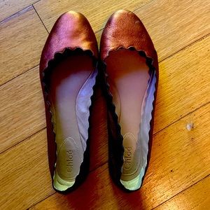 Chloe Lauren Scalloped Bronze Orange Metallic Leather Flats 38.5